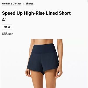 Lululemon High Rise 4” Speed Up Short